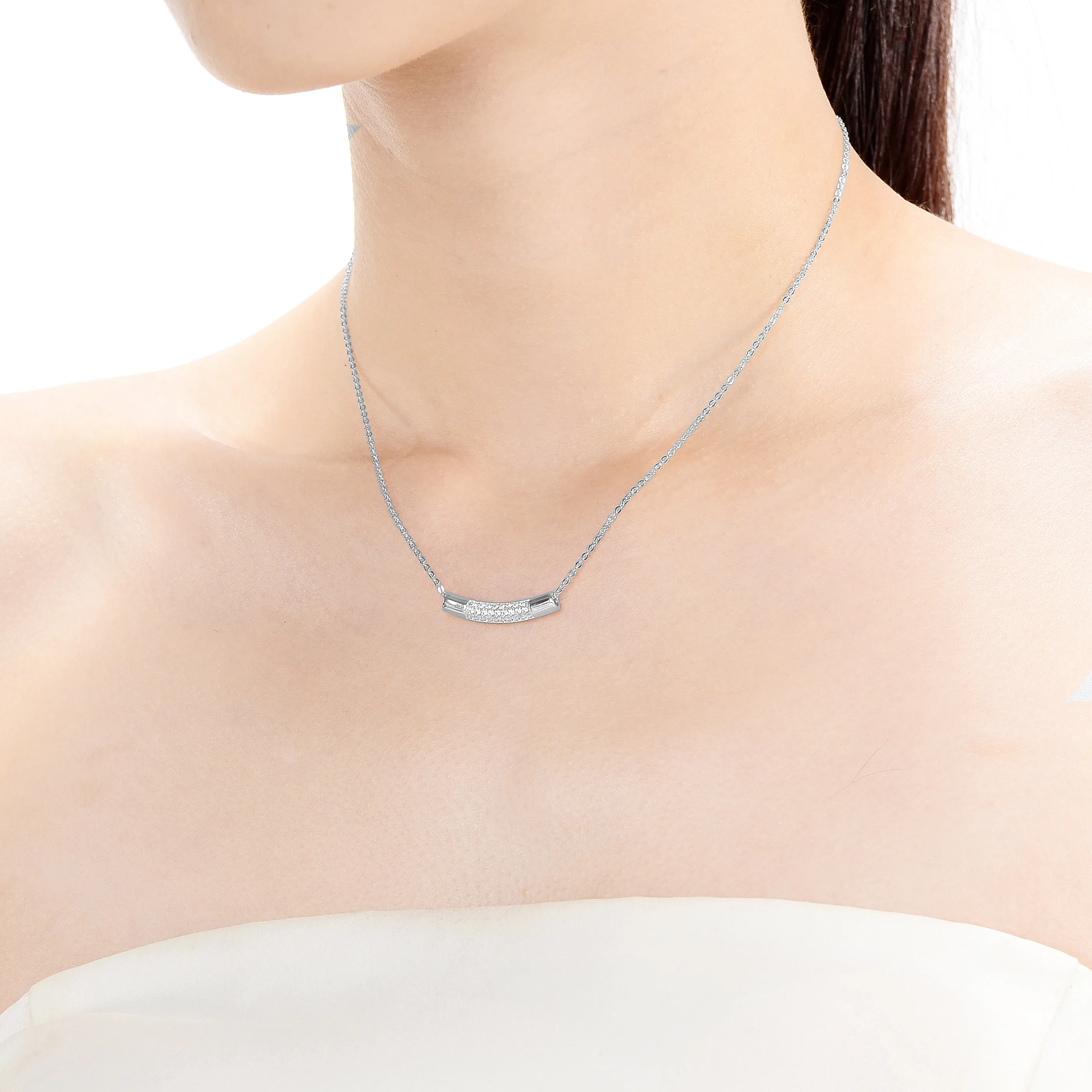 Sterling Silver Rhodium Plated with Clear Round Cubic Zirconia Curve Line Necklace