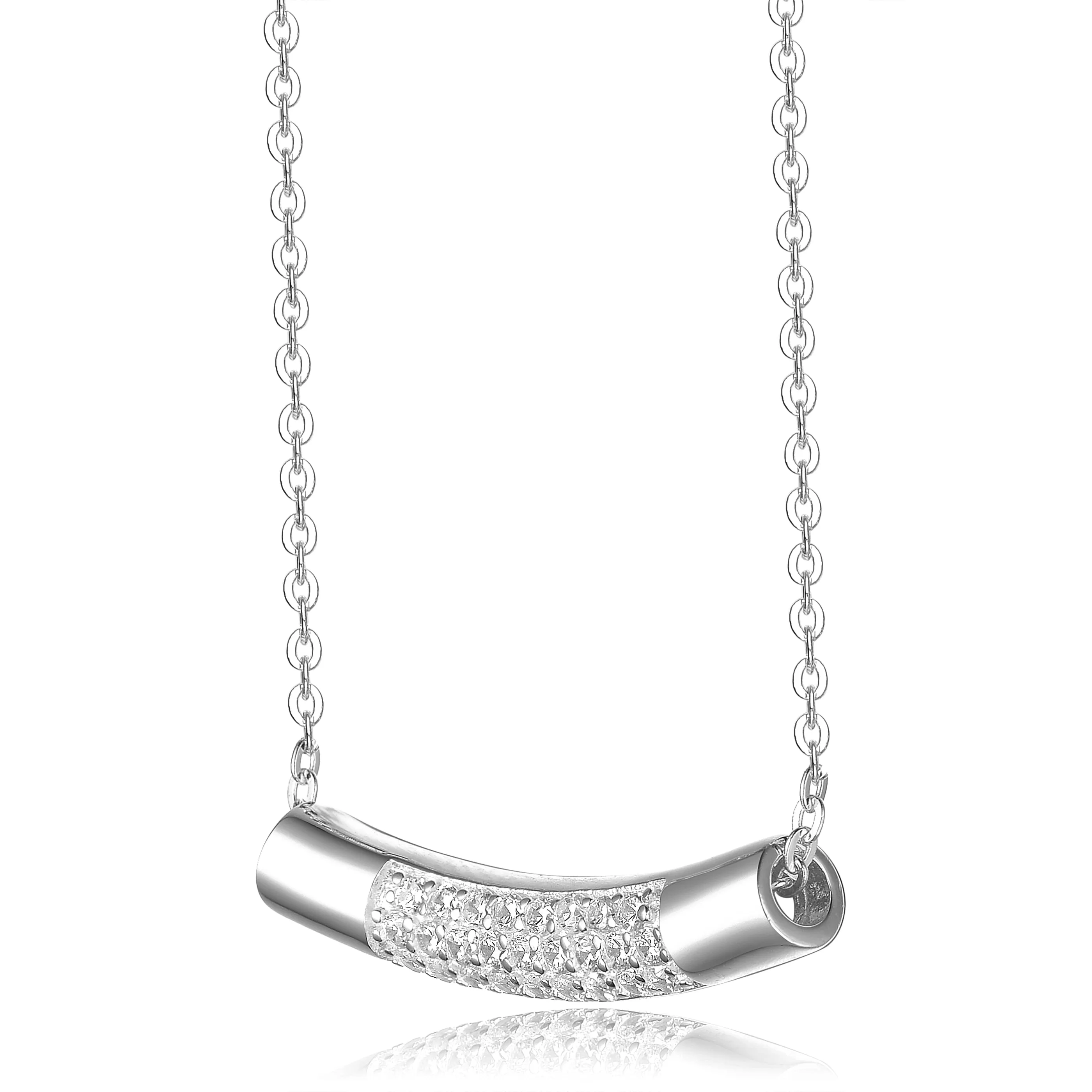 Sterling Silver Rhodium Plated with Clear Round Cubic Zirconia Curve Line Necklace