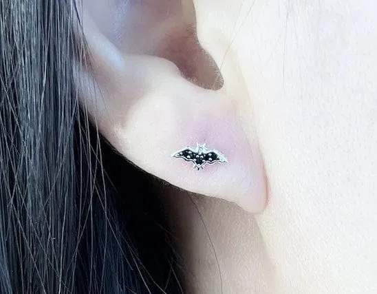 Sterling Silver with Black Zircon Small Black Bat Earrings