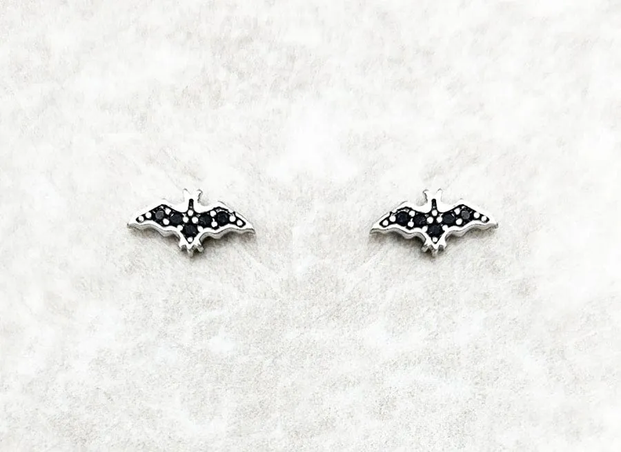 Sterling Silver with Black Zircon Small Black Bat Earrings