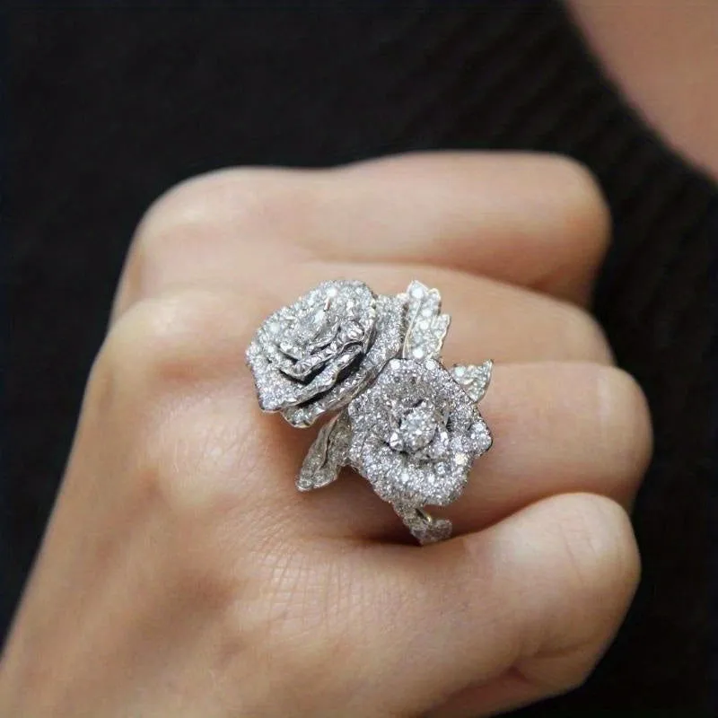 Stunning Shining Flower Zircon Silver Plated Ring