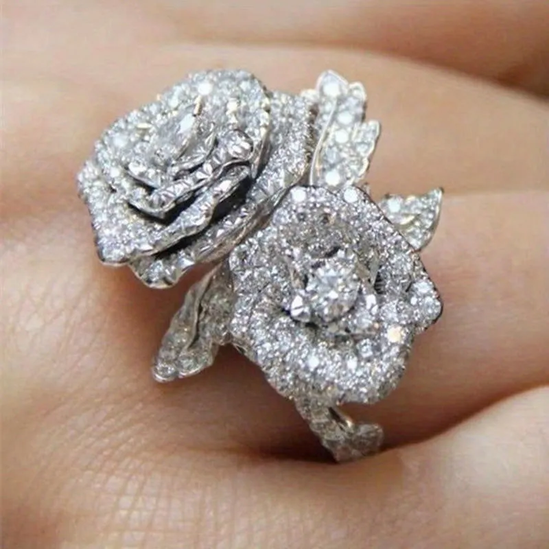 Stunning Shining Flower Zircon Silver Plated Ring