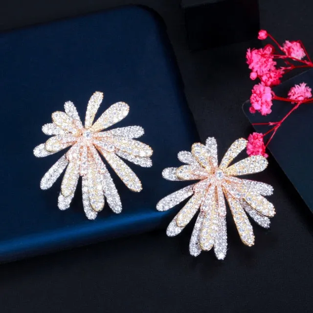 Three Tone Gold Multi Layer Firework Flower Cubic Zirconia Luxury Earrings