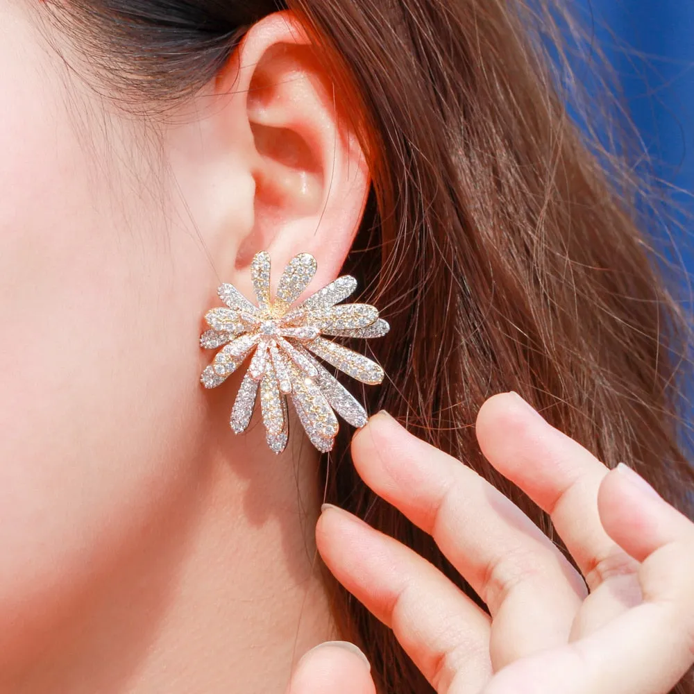 Three Tone Gold Multi Layer Firework Flower Cubic Zirconia Luxury Earrings