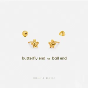 Tiny Sea Turtle Stud Earrings, Unisex, Gold, Silver SS809 Butterfly End, SS810 Screw Ball End (Type A) LR