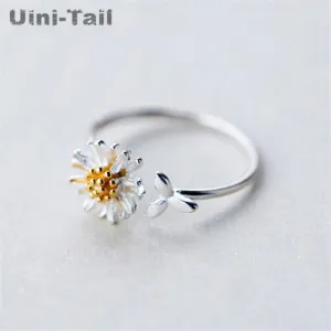 Uini-Tail hot new 925 Tibetan silver forest golden flower small daisy ring cute fashion dynamic small leaves open ring GN308