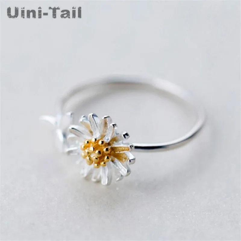 Uini-Tail hot new 925 Tibetan silver forest golden flower small daisy ring cute fashion dynamic small leaves open ring GN308