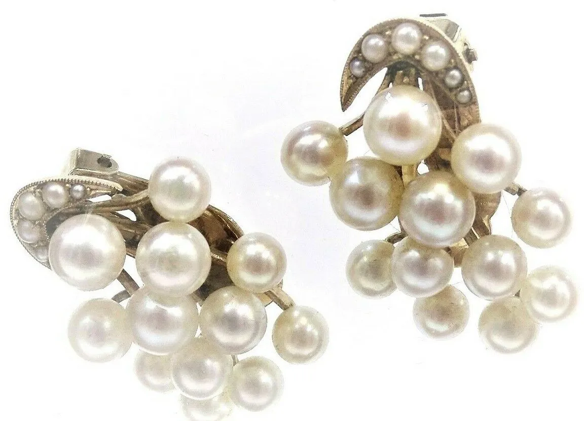 Vintage 14ct Yellow Gold Seed Pearl Clip On Earrings