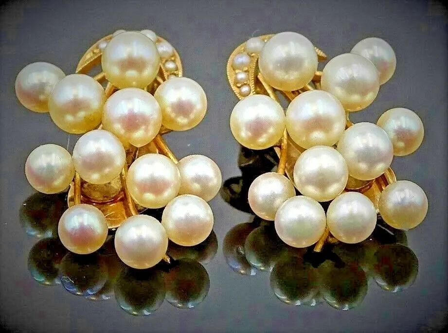 Vintage 14ct Yellow Gold Seed Pearl Clip On Earrings