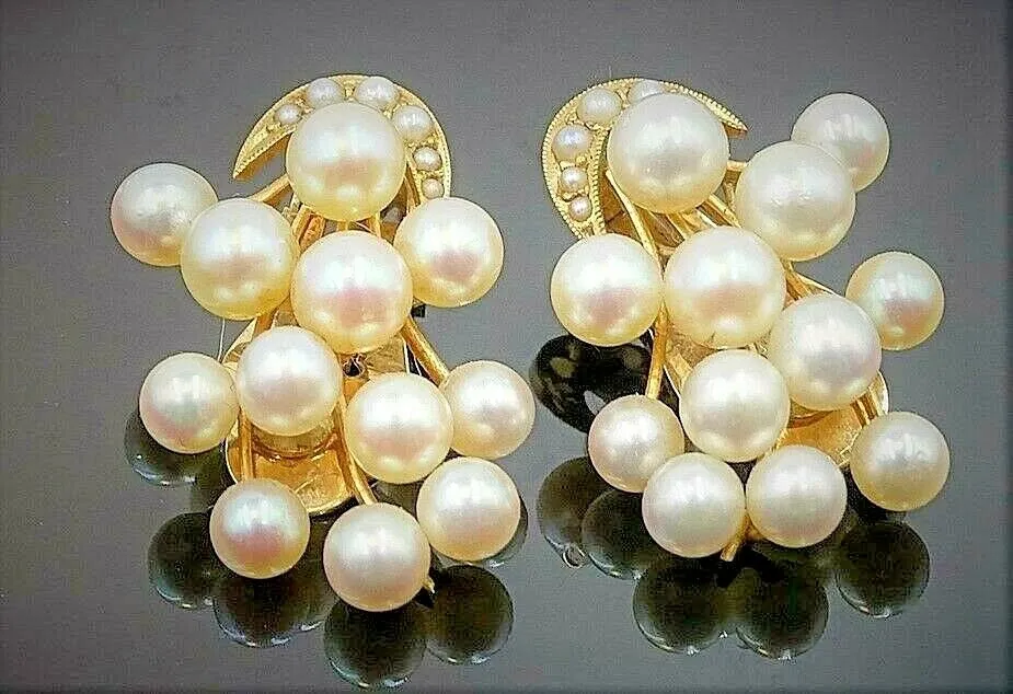 Vintage 14ct Yellow Gold Seed Pearl Clip On Earrings