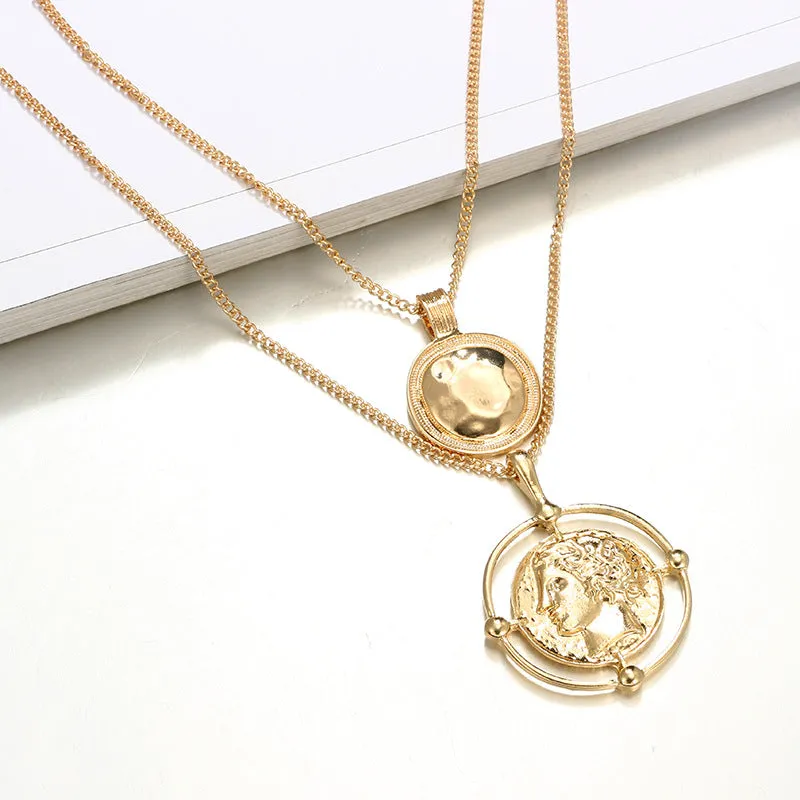 Vintage Gold Alloy Human Head Seal Disc Necklace