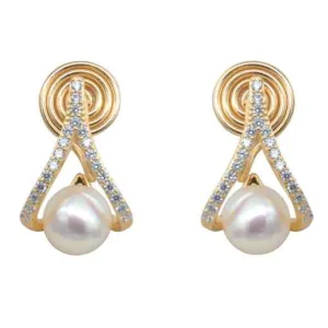 White Freshwater Pearl & Triange Cubic Zirconia Crystal CZ Coil Clip On Earrings