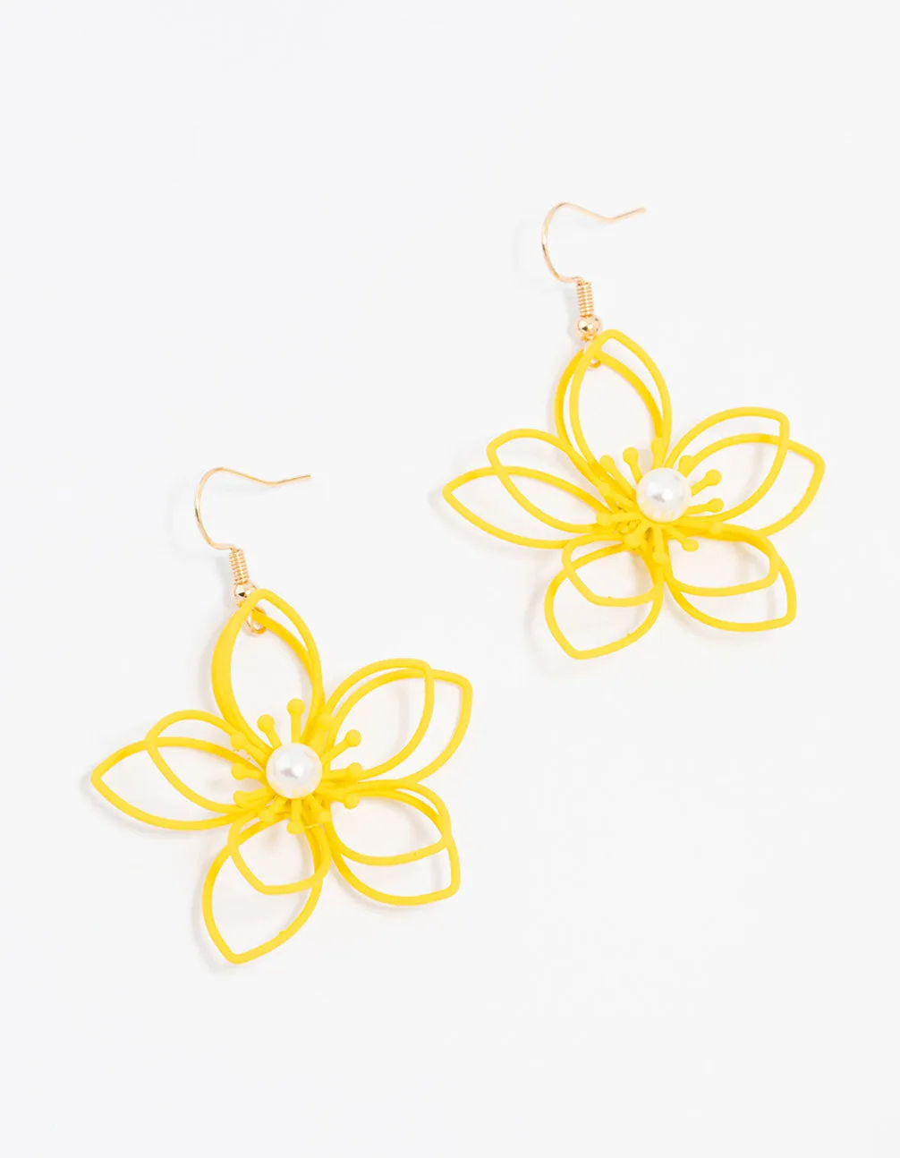 Yellow Gold Wire Pearl Flower Drop Earrings