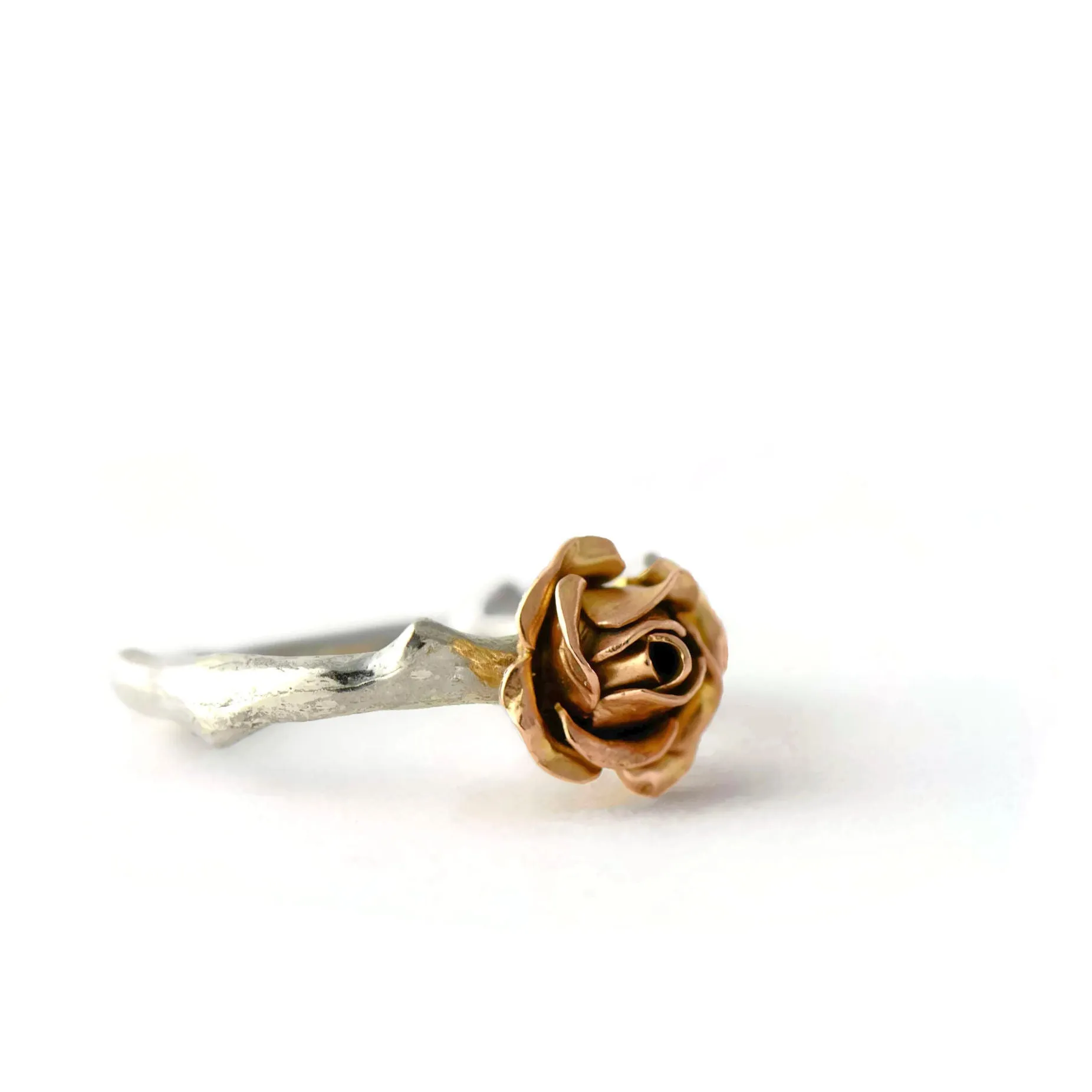 Yellow rose ring made in 9 carat yellow gold rose and soft rose stem band in silver